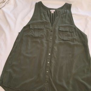 Army Green Button Up Tank Top with Front Pockets